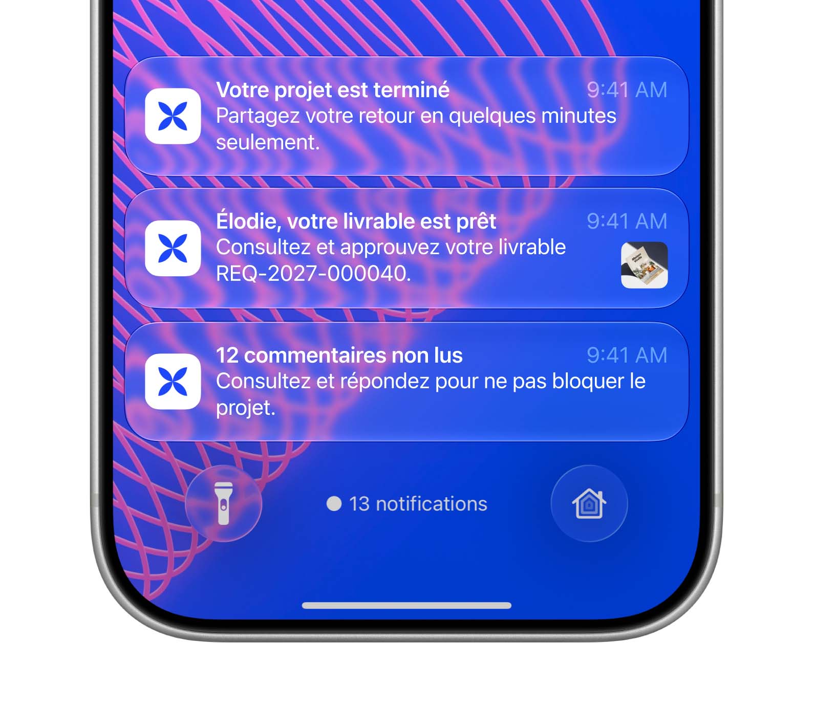 Notifications Sparkloom annonçant un livrable prêt, des commentaires et la fin d’un projet